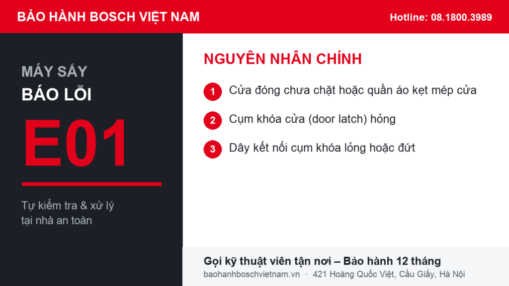 Máy sấy quần áo Bosch báo lỗi E01 - nguyên nhân chính và cách xử lý